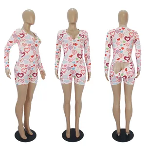 Long sleeve heart print romper pajamas with functional back flap for women at home