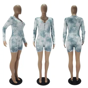 Close-up detail of women's casual long-sleeve zodiac print romper with Aries pattern