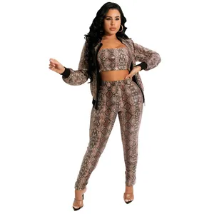 Women's sexy snake print 3-piece set with zip-up jacket, tube top and long leggings