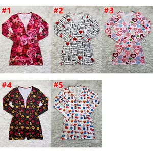 Detailed layout showing five Valentine's Day themed heart print long sleeve rompers