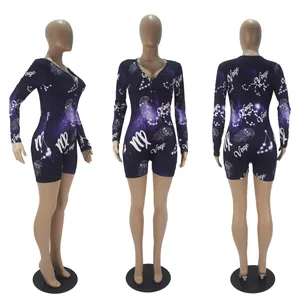 Detailed multi-angle views of a galaxy and Virgo zodiac print long sleeve romper jumpsuit