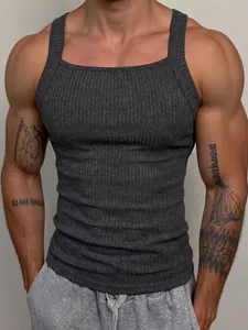 Men's slim-fit ribbed knitted tank top in dark grey for athletic training and outdoor wear