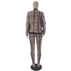 Back view of a stylish snake print long sleeve jacket and matching trousers set for women