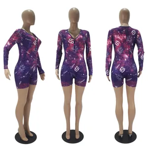 Detailed view of galaxy constellation print long sleeve romper loungewear for women