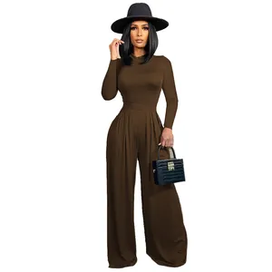 Elegant brown long sleeve bodysuit and high waist wide leg trousers set for women