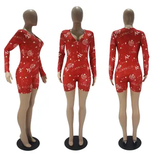 Multi-angle view of red Capricorn constellation print long sleeve romper jumpsuit