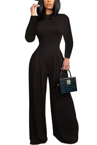 Fashionable solid color long-sleeved bodysuit and wide-leg trousers set for women