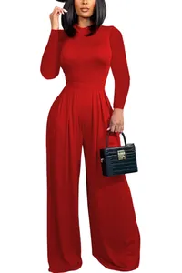 Elegant red long-sleeved bodysuit and matching wide-leg pants set for fashion women