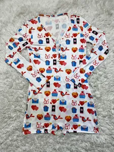 Detail of white long-sleeve bodysuit with colorful Valentine heart and bird print