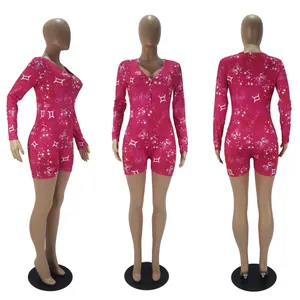 Front side and back views of pink long sleeve jumpsuit with Gemini constellation print