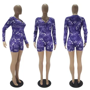 Multi-angle views of a purple long sleeve romper featuring Aquarius zodiac print