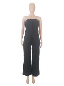 Full front view of elegant black strapless button-down top and matching wide-leg trousers