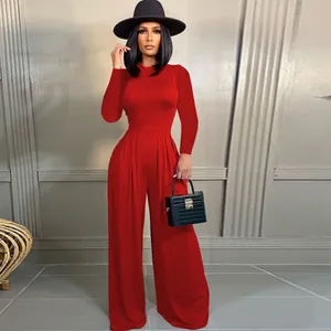 Full view of elegant red long-sleeved bodysuit and matching wide-leg trousers set