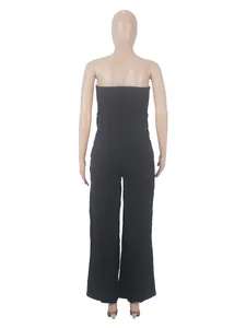 Back view of elegant black strapless top and wide-leg pants two-piece set for women
