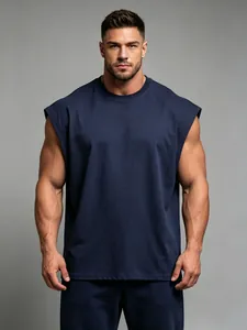 Macro view of navy blue sleeveless gym vest showing fabric texture and fit
