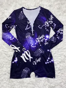 Virgo constellation print long sleeve bodysuit romper loungewear on white plush rug