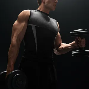 Detailed view of quick-dry sports compression tank top on a muscular fitness model