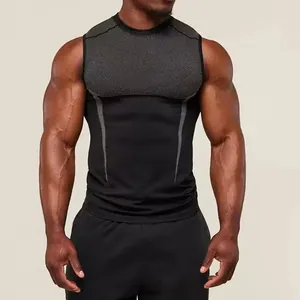 Close-up detail of men's compression fitness tank top featuring a grey textured chest panel