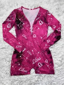 Detail of Libra zodiac galaxy print on magenta long sleeve home romper jumpsuit
