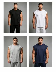 Detail view of men's quick-dry sports tank tops in black, white, grey, and navy blue.