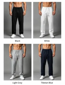 Men's loose straight leg sweatpants detail showing black white grey and navy options