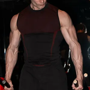 Detail of men's quick-dry compression gym tank top showing muscular fit and two-tone fabric.
