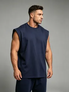 Detailed side view of a men's navy blue quick-dry cotton fitness sleeveless tank top.