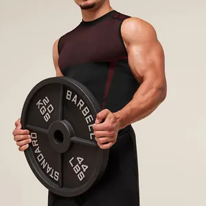 Close-up detail of mens compression gym tank top showing breathable mesh and athletic fit