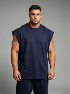 Detailed view of navy blue sleeveless muscle shirt for gym training and fitness