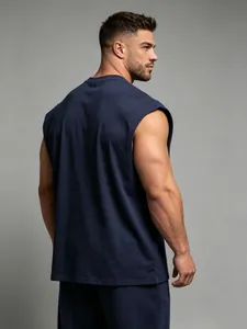 Rear view of a navy blue sleeveless men's gym tank top highlighting fit and muscle definition