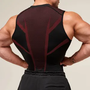 Detailed back view of men's athletic compression tank top with red geometric print