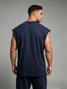 Back view of navy blue sleeveless cotton sports tank top for men fitness training