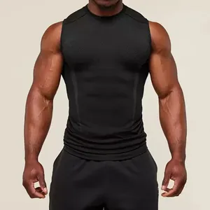 Detailed view of men's black compression tank top highlighting fabric texture and fit