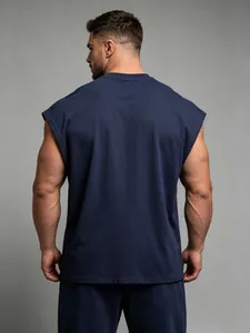 Rear view of navy blue sleeveless cotton gym tank top for men showing muscular fit.