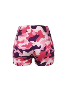 Vue arrière du short de yoga sexy pour femme avec imprimé camouflage rose, coupe ajustée.