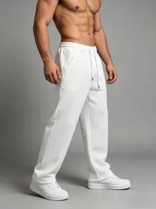 Detailed view of men's white wide-leg sweatpants in breathable quick-dry cotton fabric