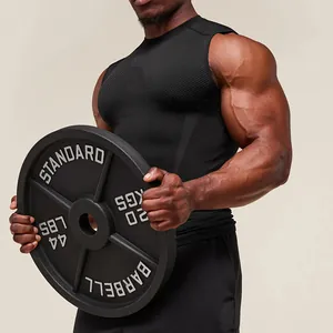 Men's quick-dry compression gym vest shown on a muscular model with a barbell weight plate.