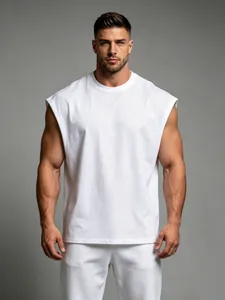 Detailed view of white cotton sleeveless fitness muscle tank top for athletic men