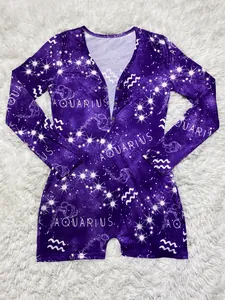 Detail of purple Aquarius constellation print on long sleeve home romper jumpsuit