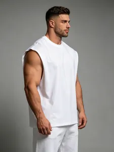 Professional side view of men's white sleeveless muscle tee for fitness gym training