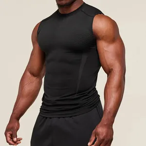 Macro detail of men's black quick-dry sports compression tank top with mesh texture