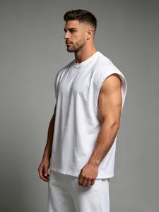 Side view of white sleeveless fitness vest showing fabric texture and muscular fit