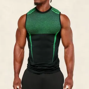 Detail of men's quick-dry compression vest with green textured upper chest.