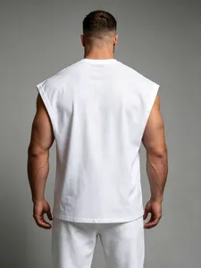 Back view of men's white quick-dry cotton sleeveless workout tank top for fitness