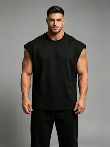 Front view of a men's black sleeveless fitness tank top for professional gym training sessions