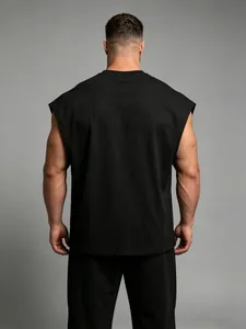 Back view of a man's black sleeveless gym tank top showing athletic fit and fabric detail