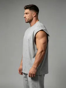Detailed side view of a men's athletic grey sleeveless workout tank top in soft breathable cotton