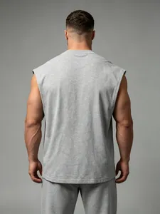Back view of men's grey quick-dry cotton sleeveless fitness tank top for training