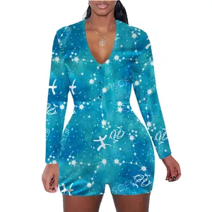 Stylish women's constellation print long sleeve romper with v-neck for home wear