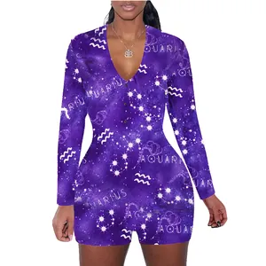 Purple galaxy Aquarius constellation print long sleeve romper jumpsuit for women